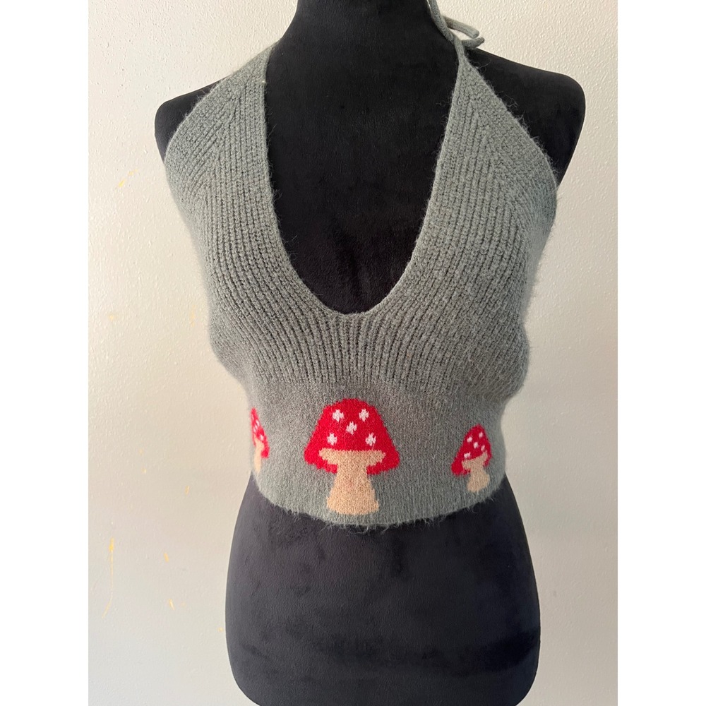 ROMWE Mushroom Knit Halter Top Cottagecore Womens 2XL Grey Fairycore Crop Tank